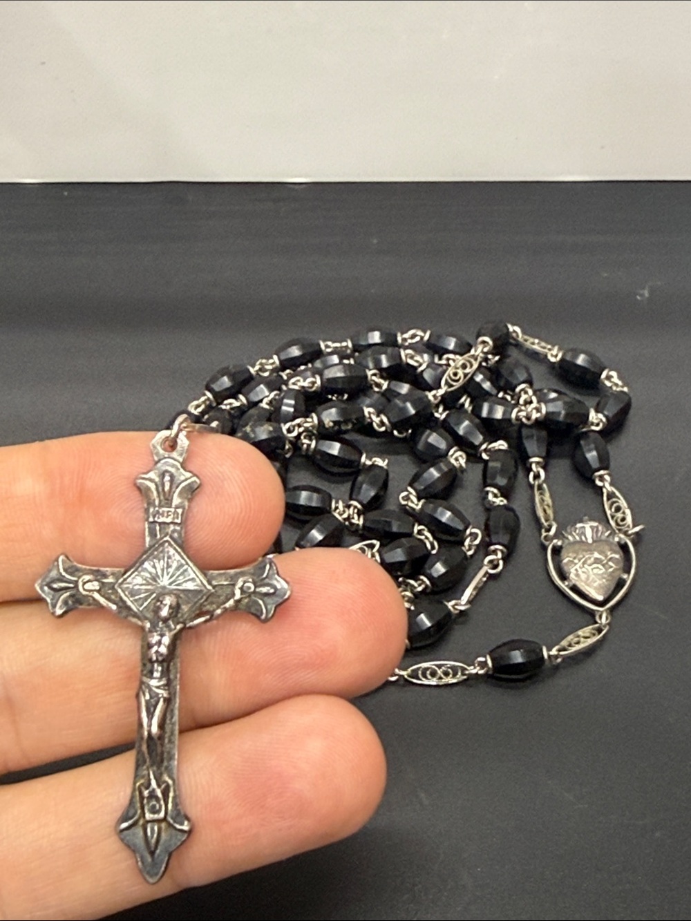 Antique Gloria Sterling Silver Black Rosary Necklace with Silver Crucifix